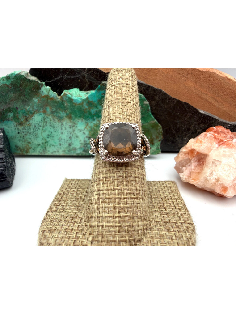 Vintage Smoky Quartz Cushion Halo Square SUN 925 Sterling Silver Ring